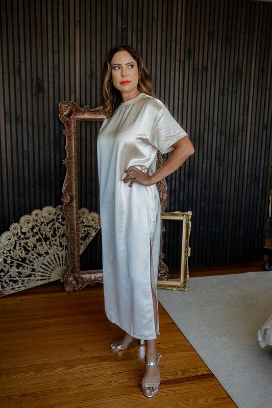 Short Sleeve Satin Column Maxi Dress Ivory