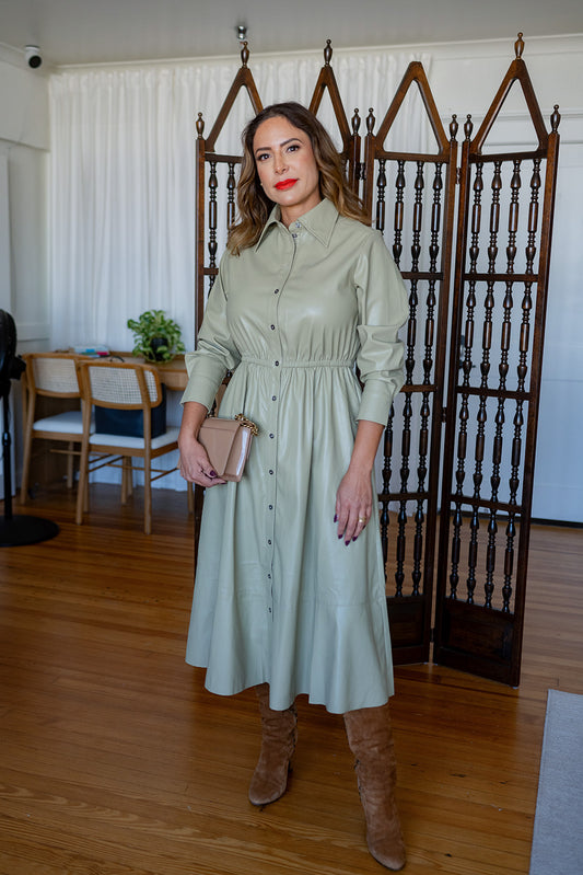 Long Sleeve Faux Leather Midi Dress Fern