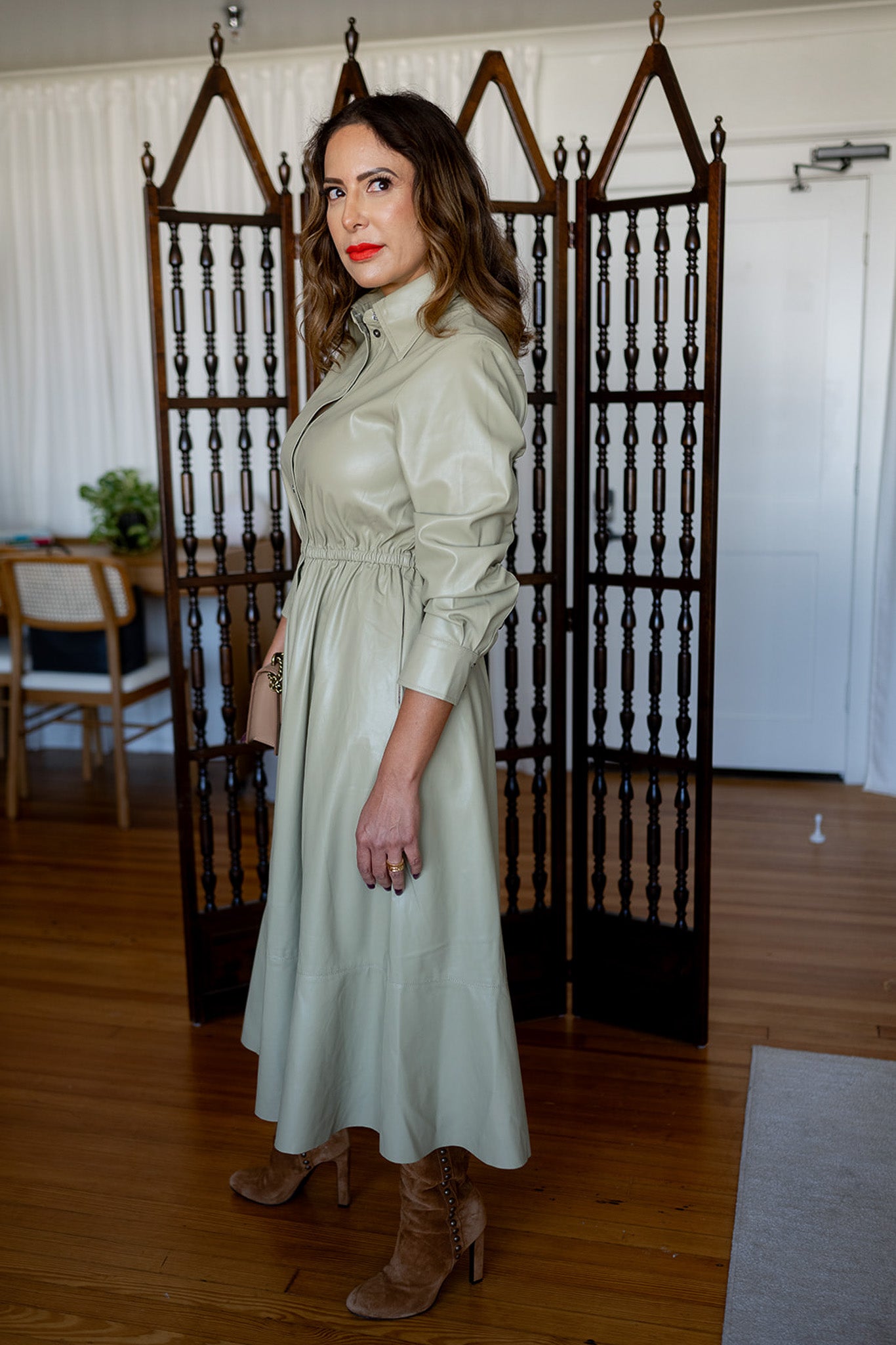 Long Sleeve Faux Leather Midi Dress Fern