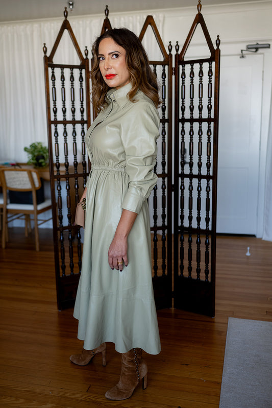 Long Sleeve Faux Leather Midi Dress Fern