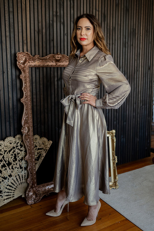 Multi Stripe Long Sleeve Shirt Dress Dull Gold