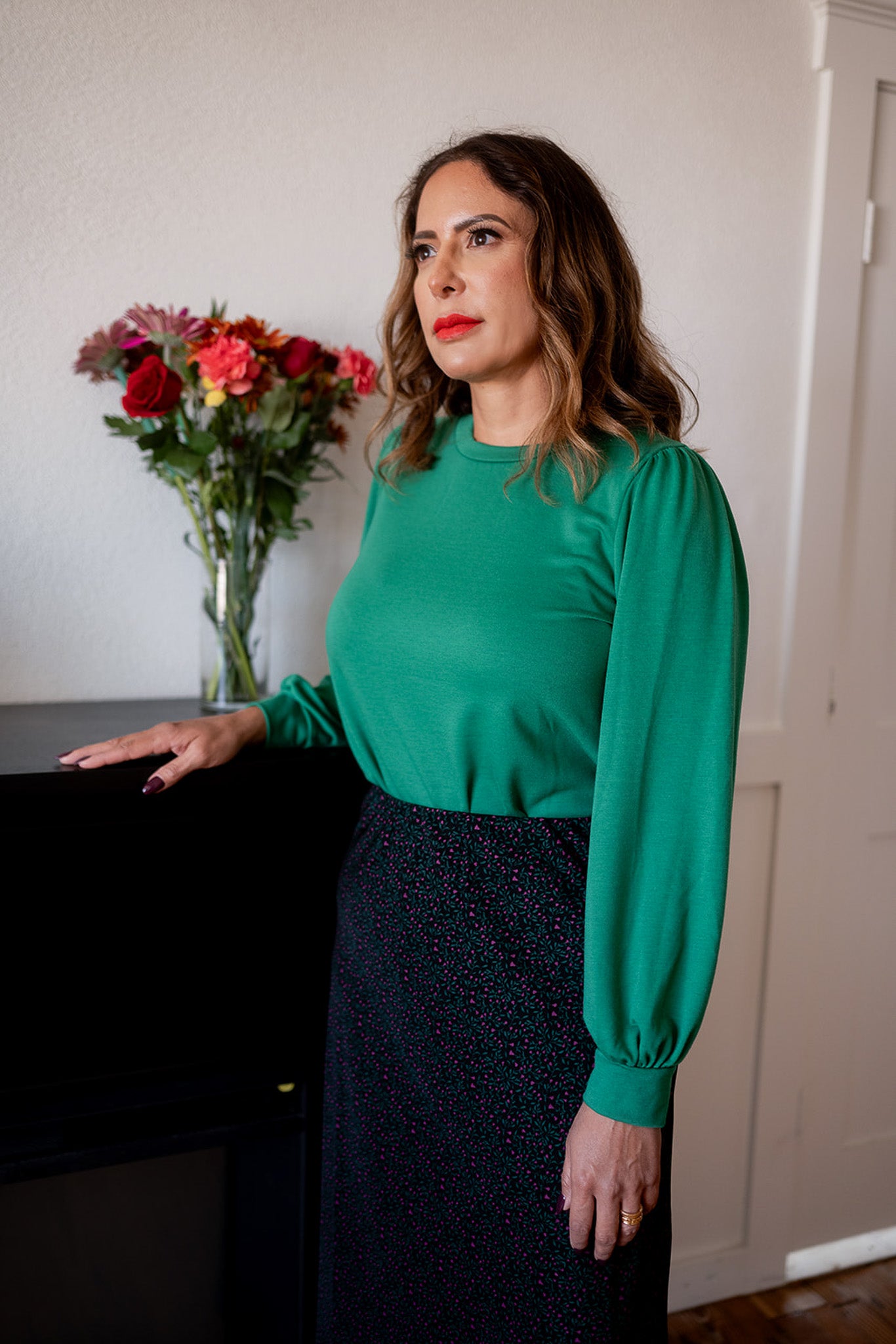 Knit Puff Shoulder Long Sleeve Top Green