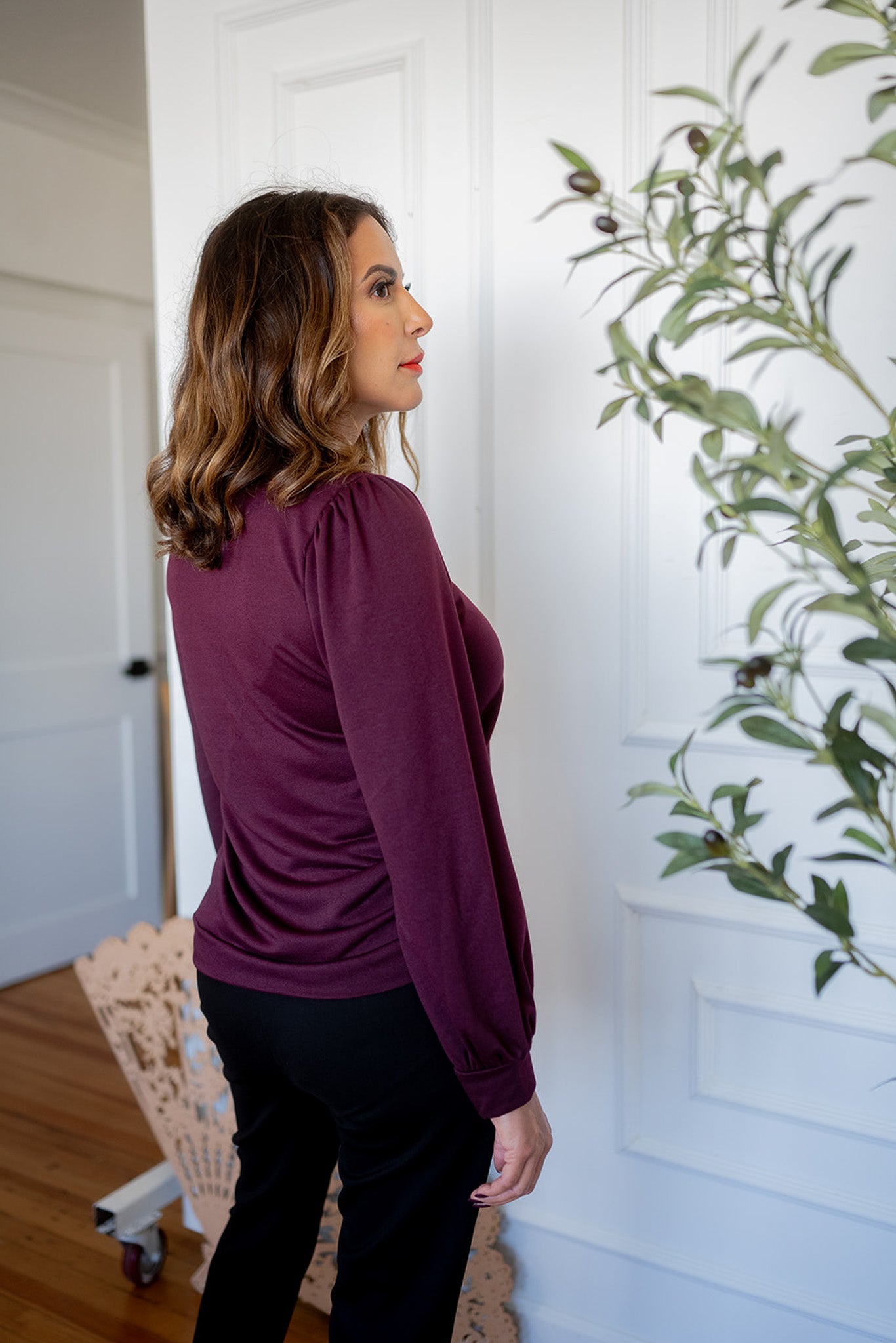 Knit Puff Shoulder Long Sleeve Top Burgundy