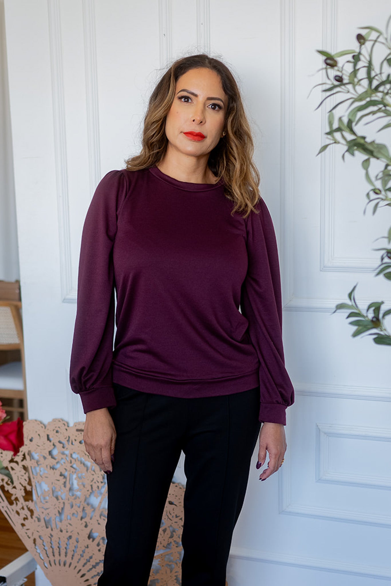 Knit Puff Shoulder Long Sleeve Top Burgundy