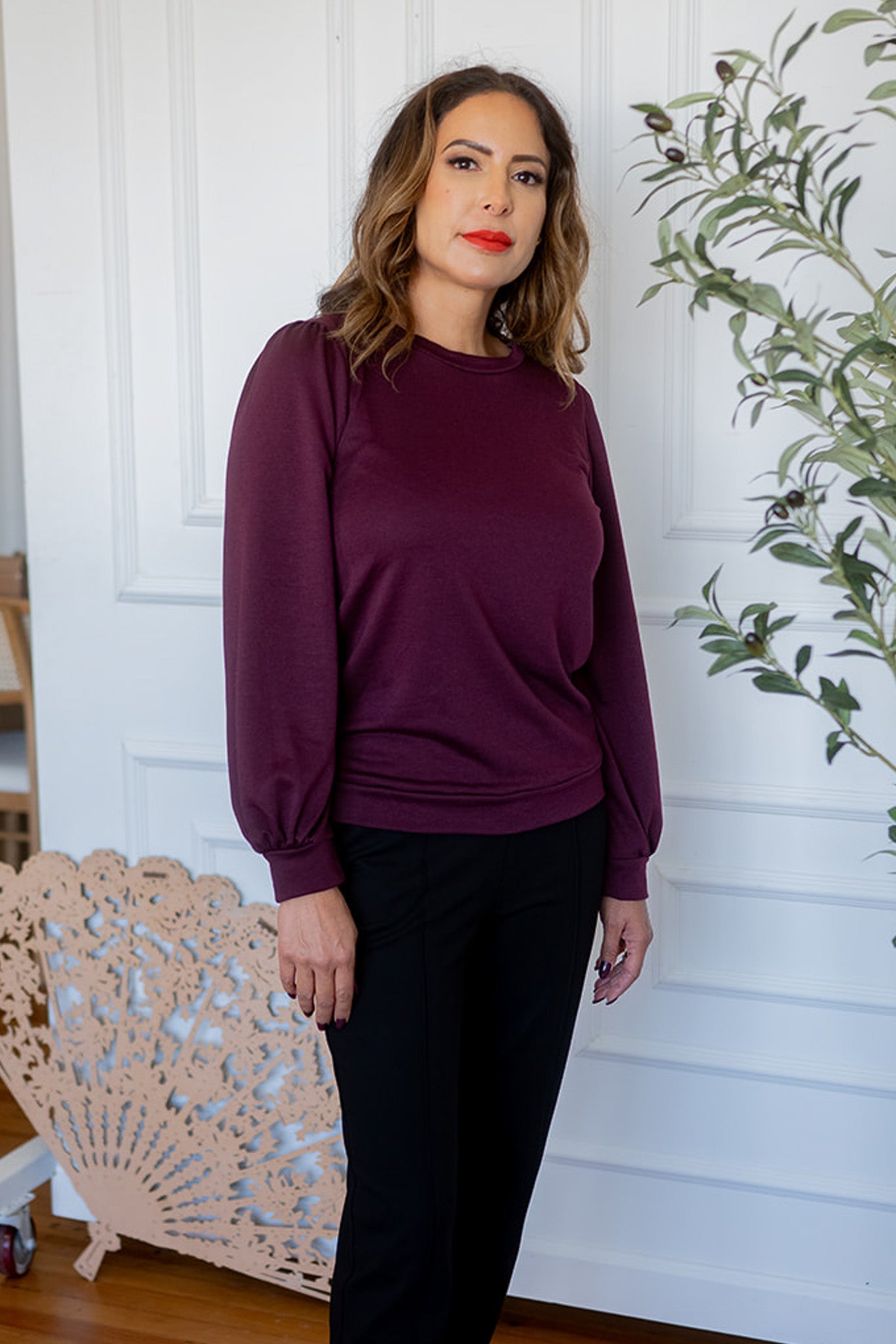 Knit Puff Shoulder Long Sleeve Top Burgundy