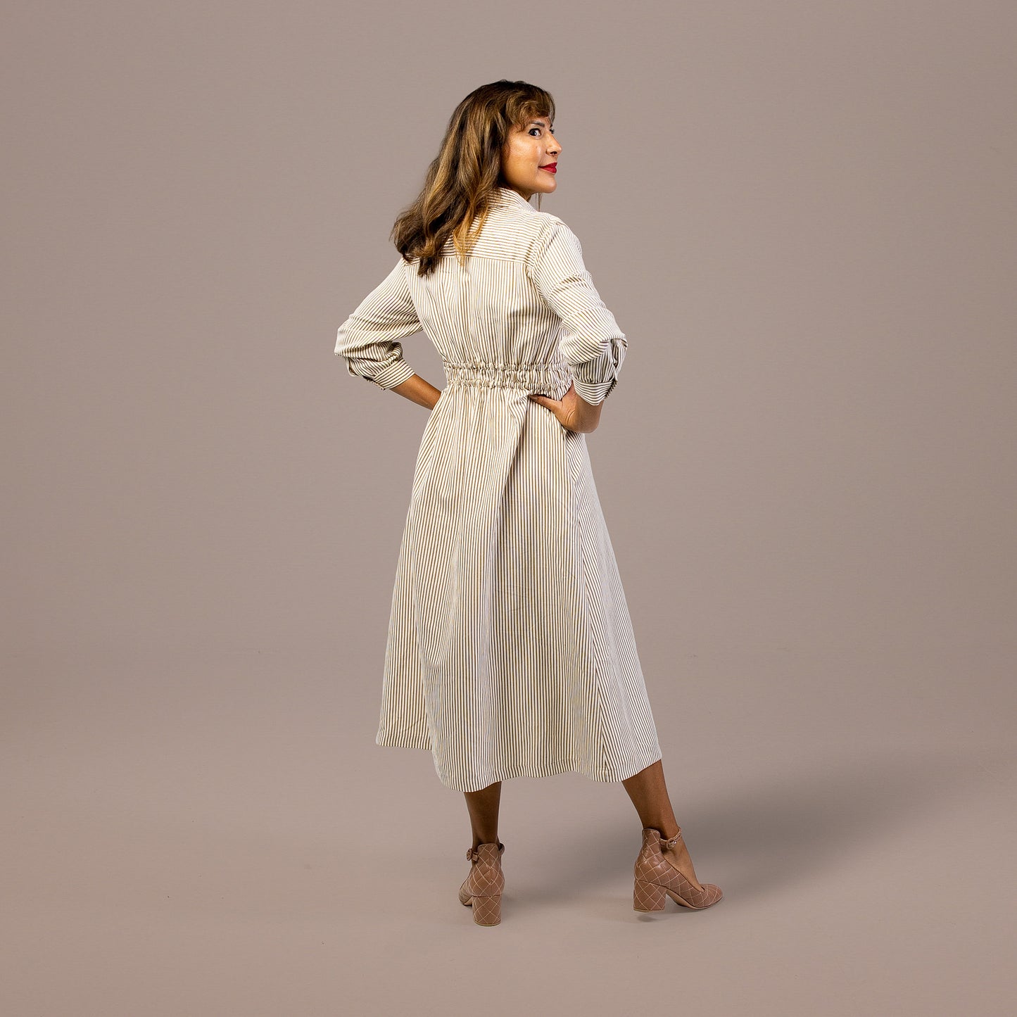 Long Sleeve Midi Dress Ivory Mocha Stripe