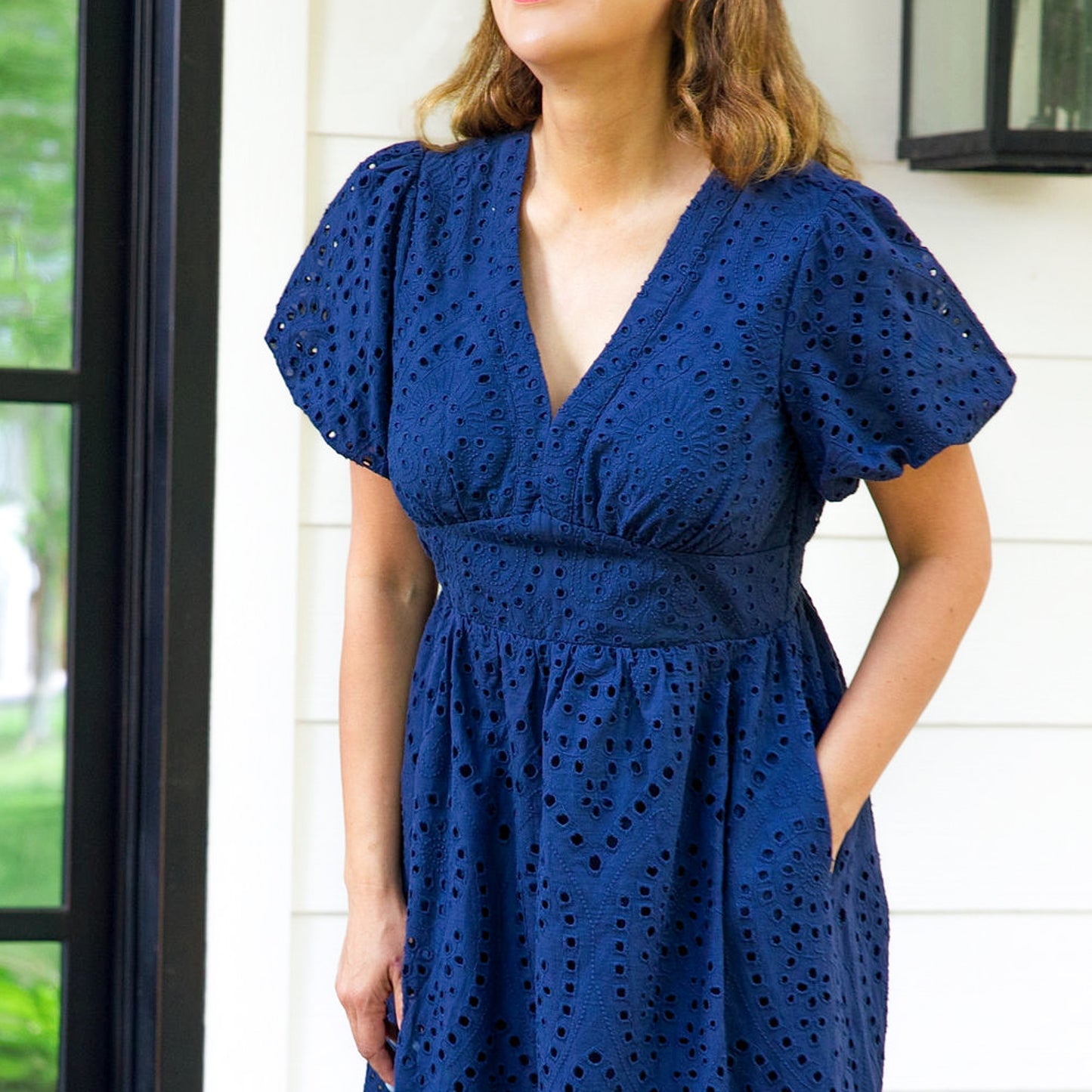 Eyelet Short Sleeve Maxi Dress Navy Blue