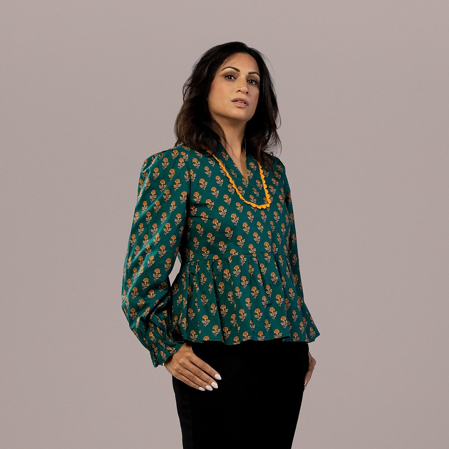 Floral Peplum Long Sleeve Top Teal