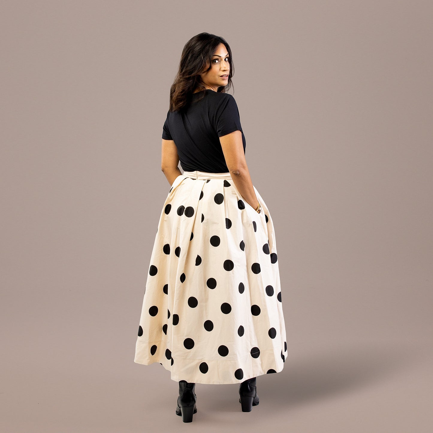 Polka Dot A-Line Pleated Midi Skirt