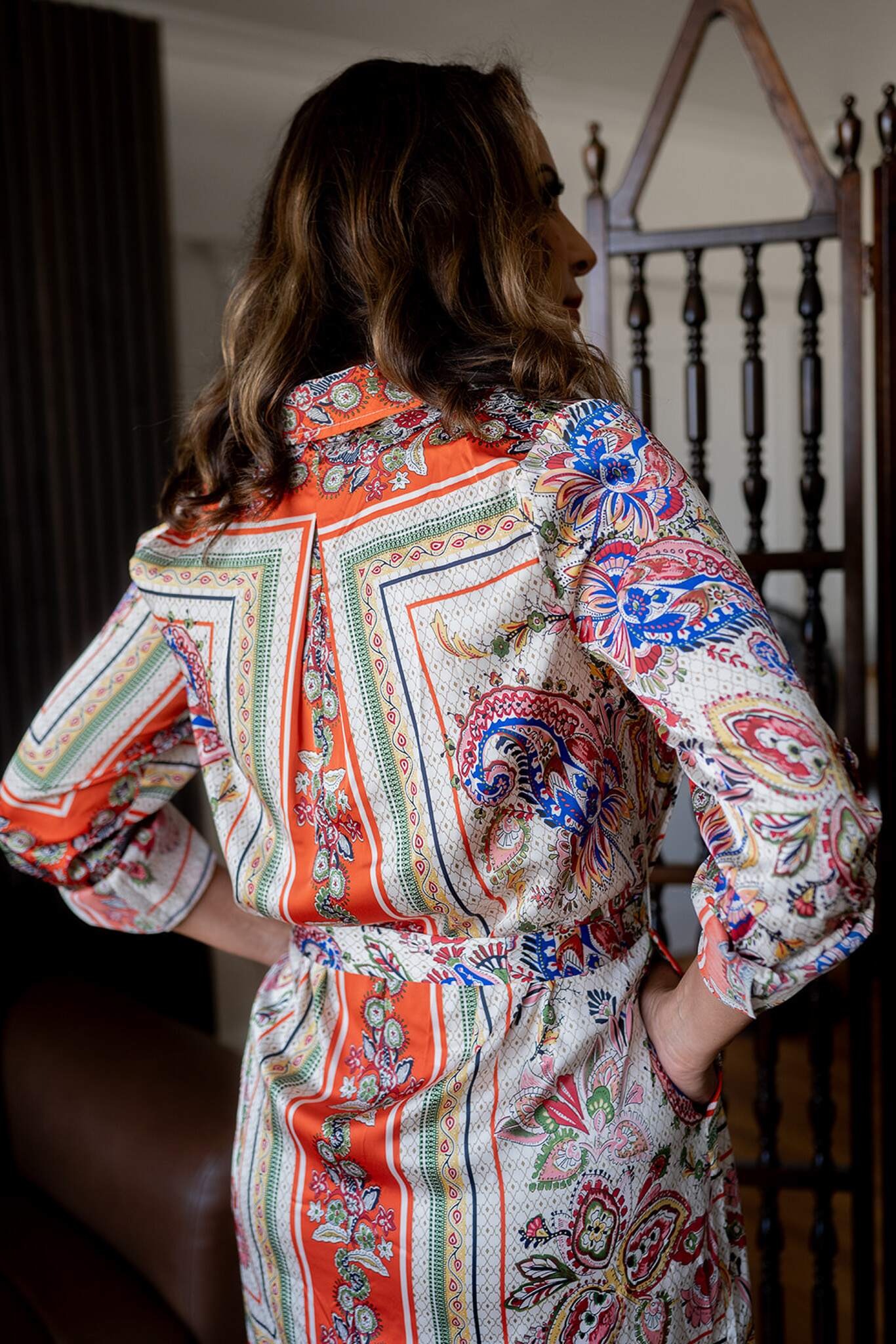 Long Sleeve Scarf Print Midi Shirt Dress