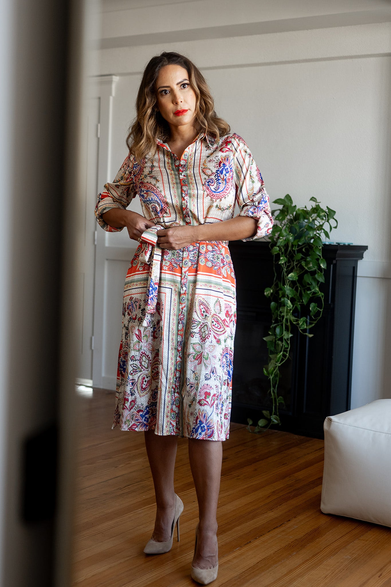 Long Sleeve Scarf Print Midi Shirt Dress – Chammeli