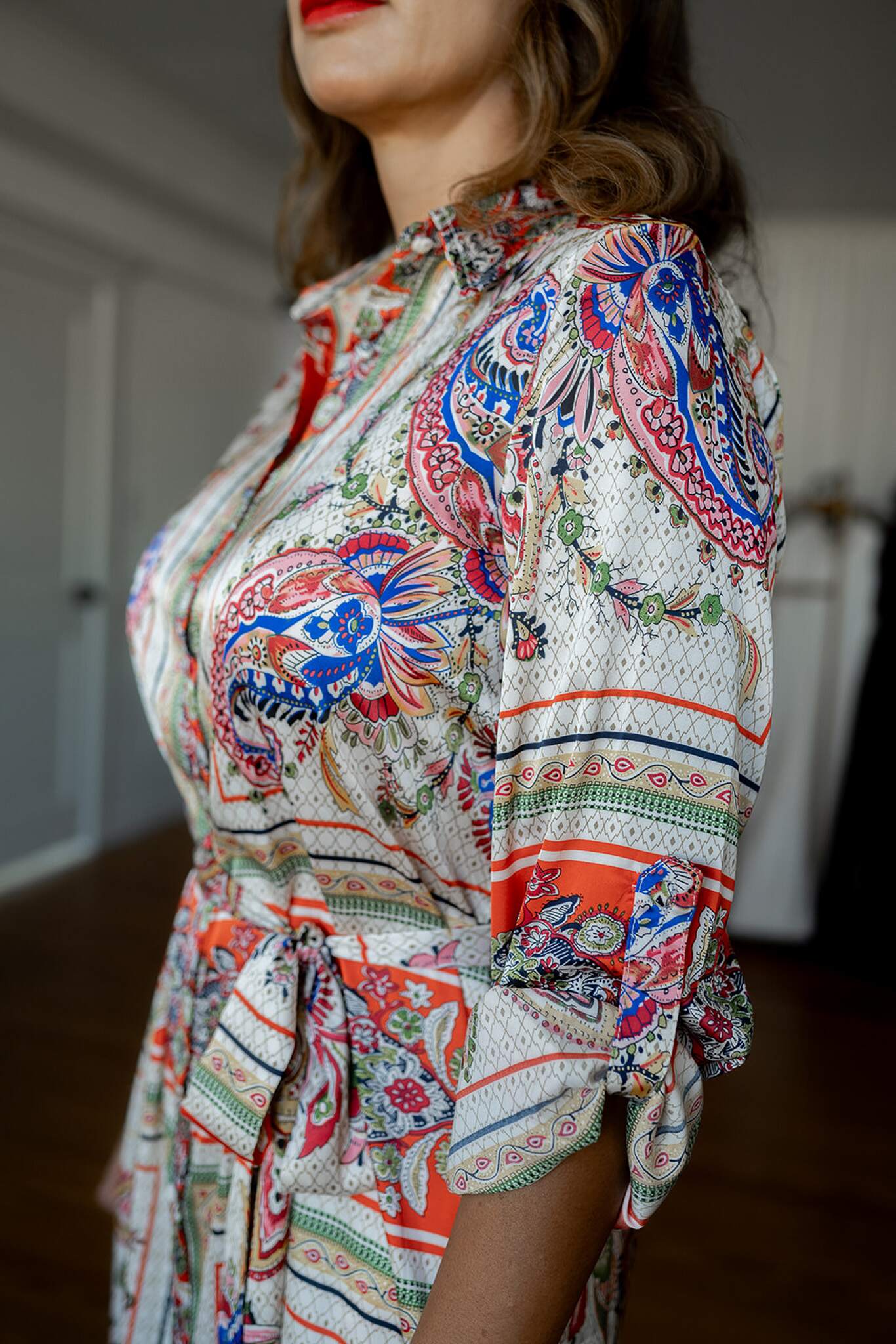 Long Sleeve Scarf Print Midi Shirt Dress