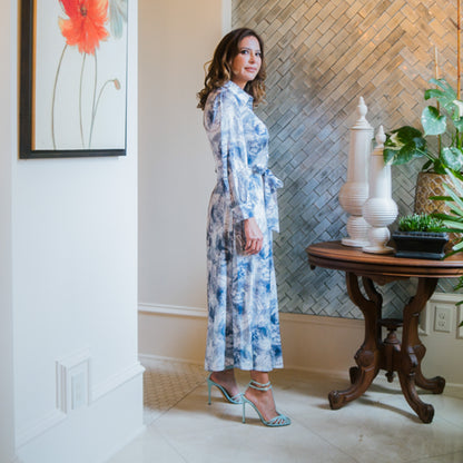 Long Sleeve Maxi Dress Abstract Print Gray