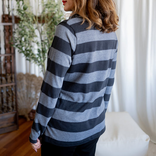 Cowl Neck Striped Top Gray Black