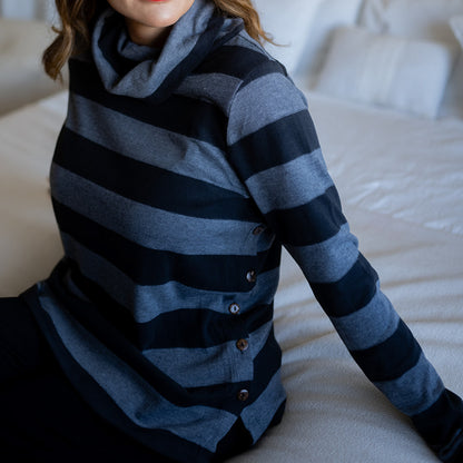 Cowl Neck Striped Top Gray Black