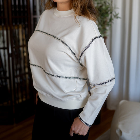 Cream Sweatshirt Black Crochet Stripes