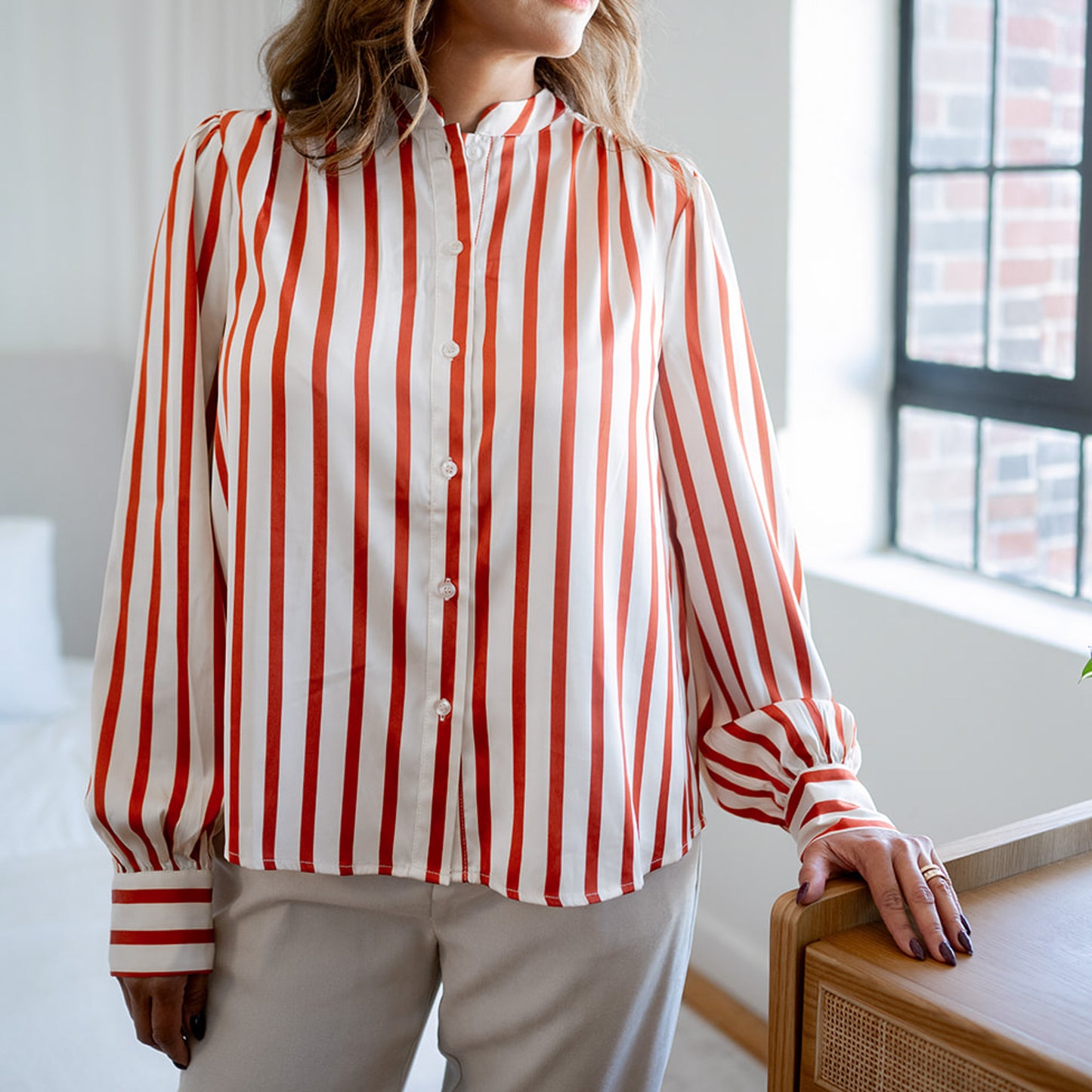Long Sleeve Button Down Shirt Cream and Rust Stripe