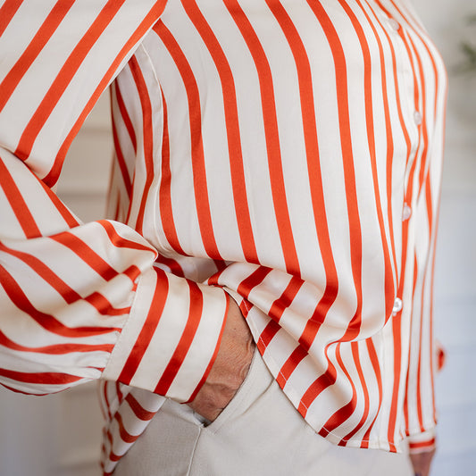 Long Sleeve Button Down Shirt Cream and Rust Stripe