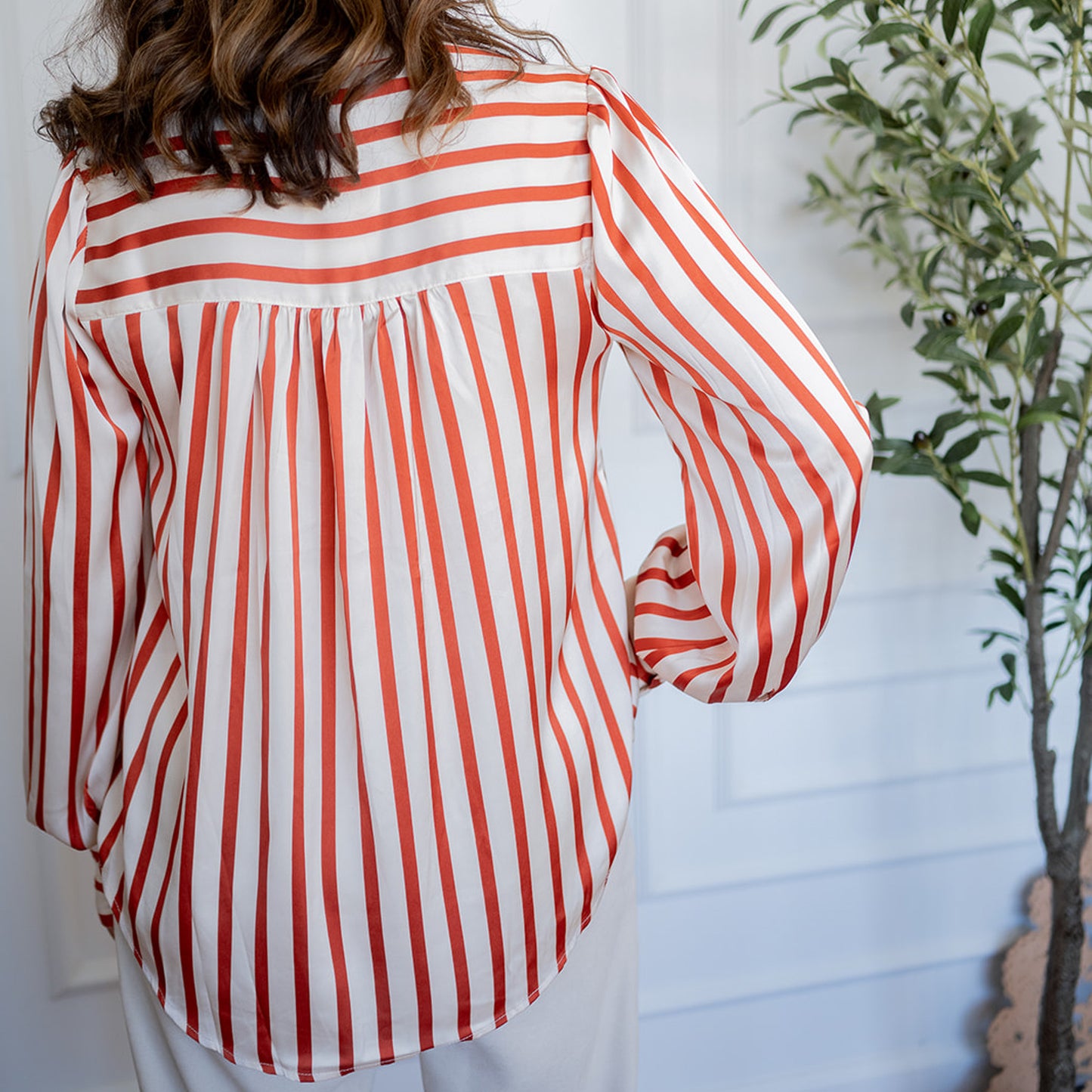 Long Sleeve Button Down Shirt Cream and Rust Stripe