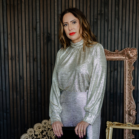 Metallic Long Sleeve Blouse Champagne