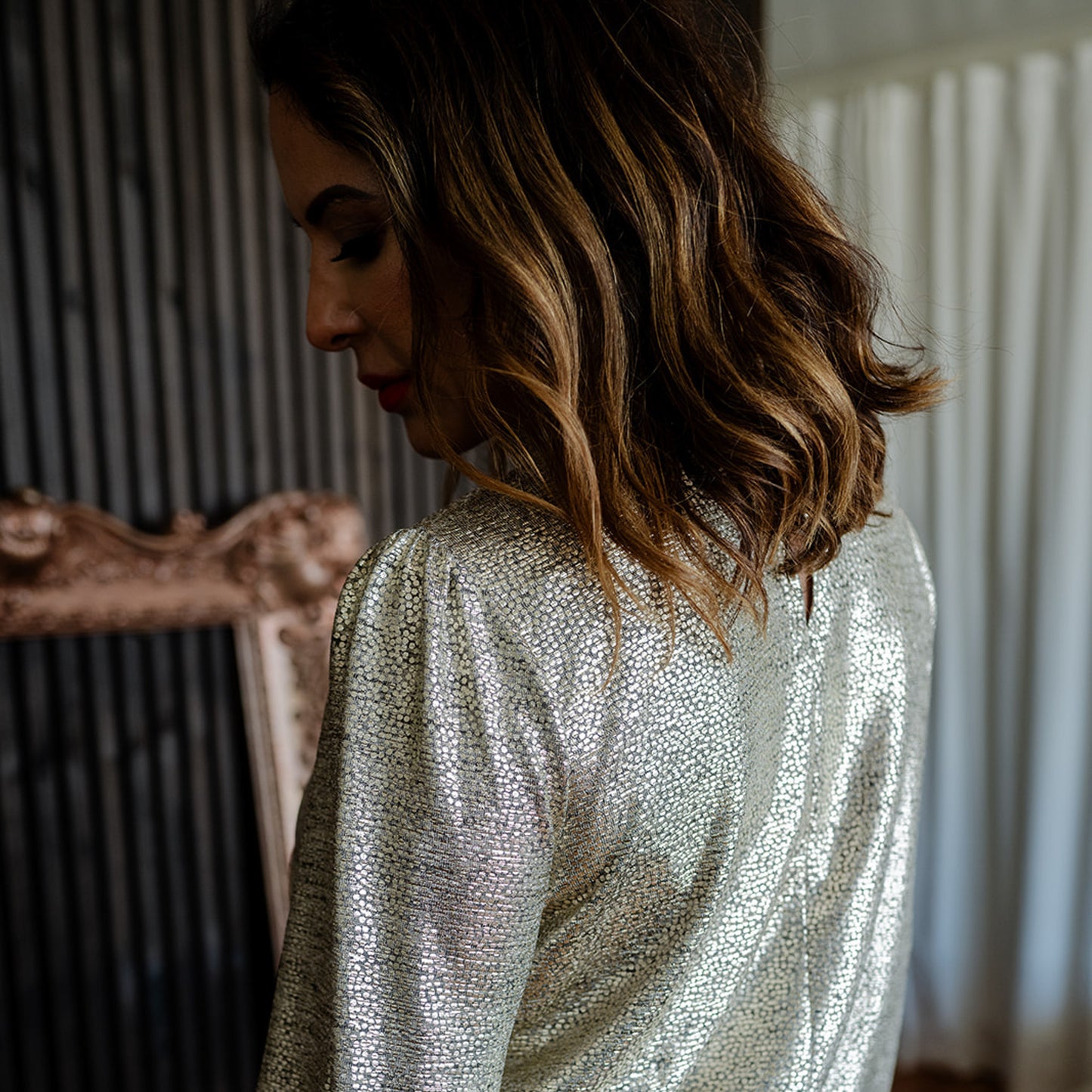 Metallic Long Sleeve Blouse Champagne