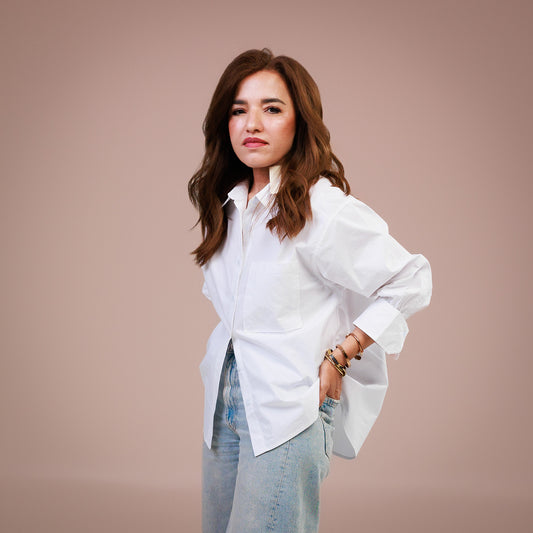 Long Sleeve Button Down Shirt Elastic Cuff Sleeve White