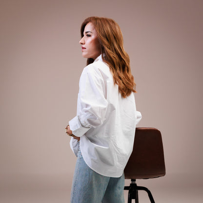 Long Sleeve Button Down Shirt Elastic Cuff Sleeve White