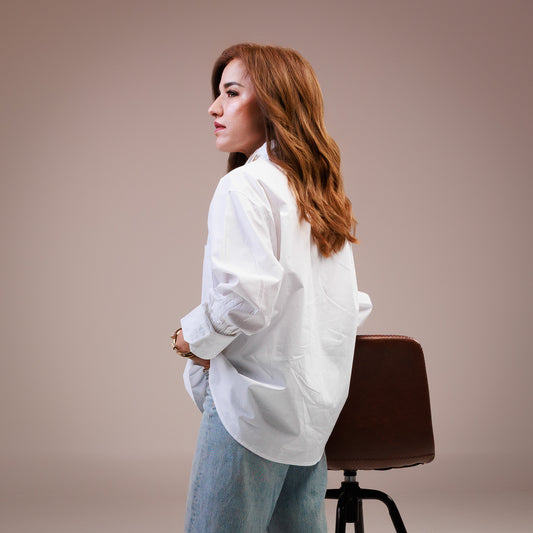 Long Sleeve Button Down Shirt Elastic Cuff Sleeve White