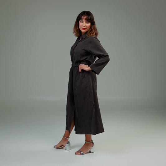 Long Sleeve Utility Shirt Dress Charcoal