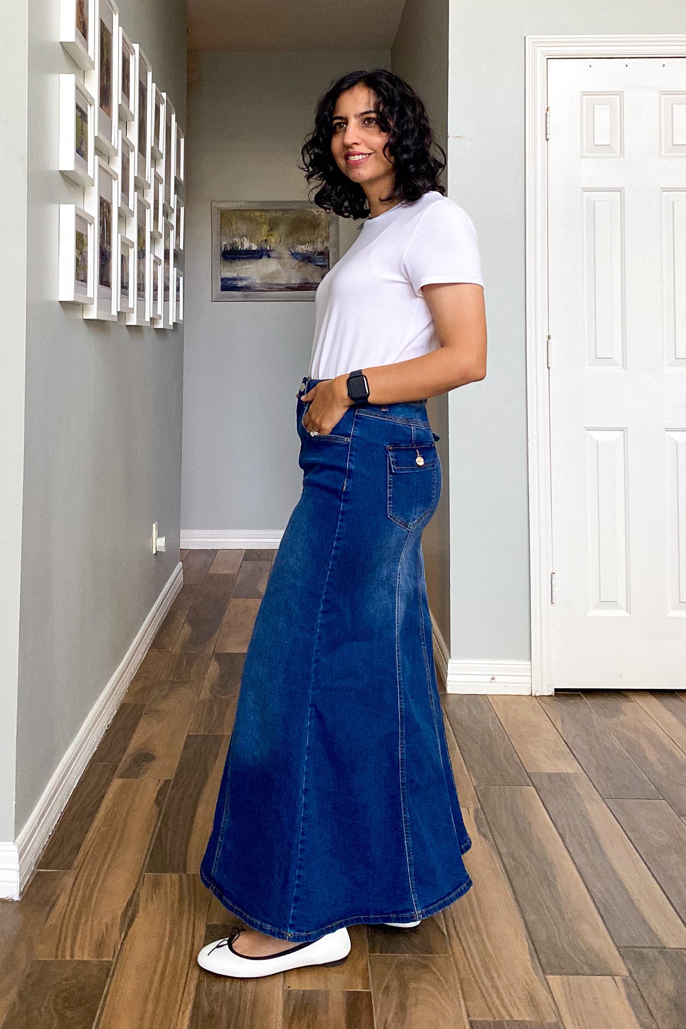 A-line Paneled Denim Maxi Skirt