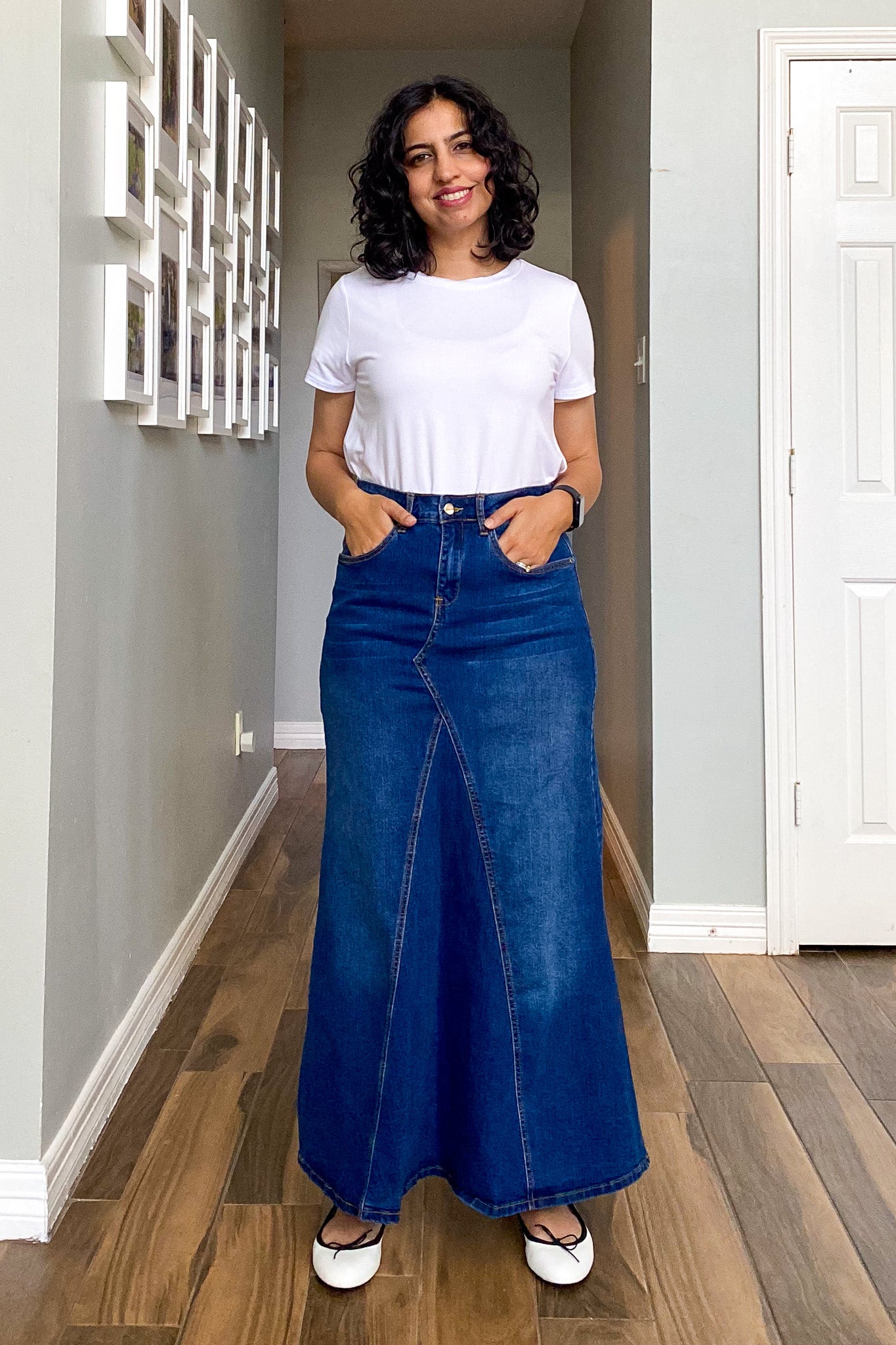 A-line Paneled Denim Maxi Skirt