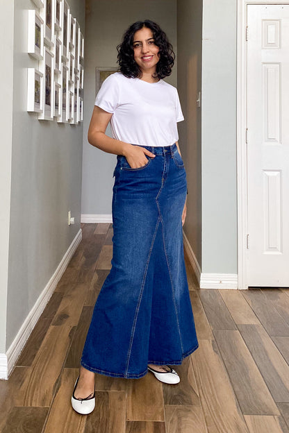 A-line Paneled Denim Maxi Skirt