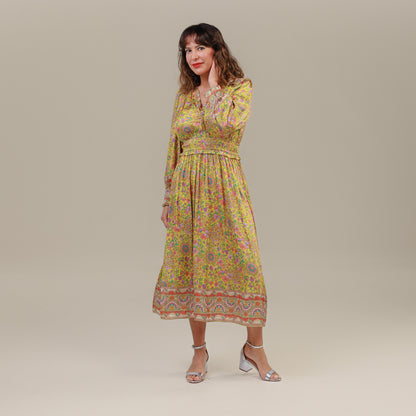 Long Sleeve Midi Dress Floral Print Yellow