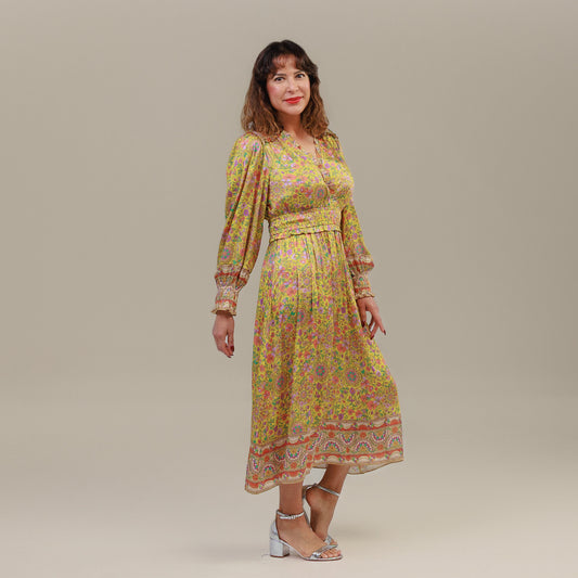 Long Sleeve Midi Dress Floral Print Yellow