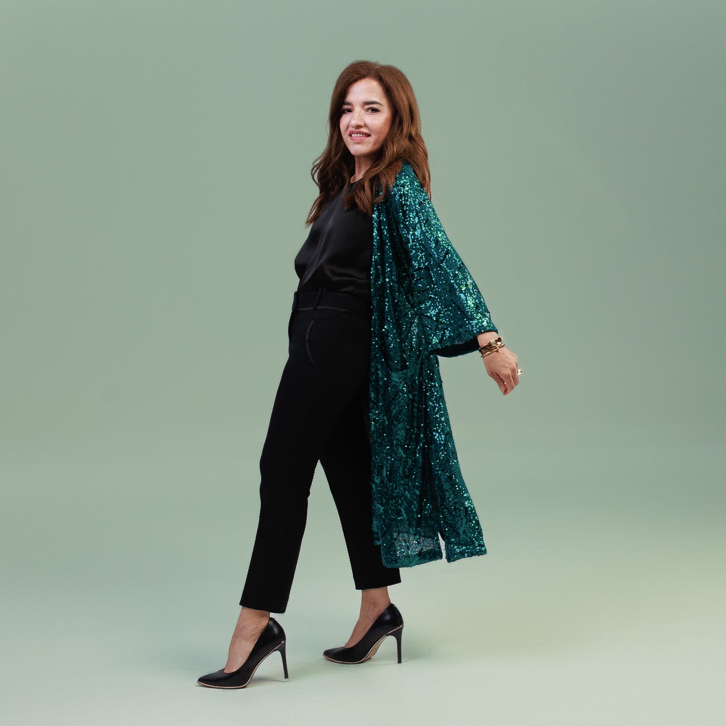 Sequin Duster Kimono Green