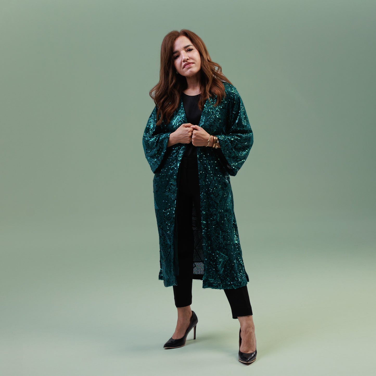 Sequin Duster Kimono Green