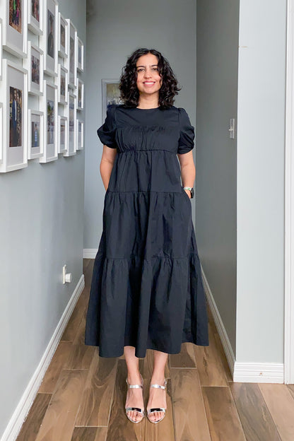 Puff Sleeve Tiered Midi Dress Black