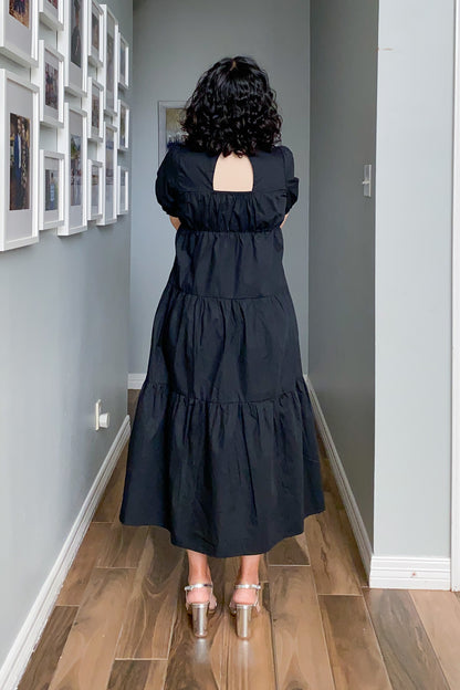 Puff Sleeve Tiered Midi Dress Black