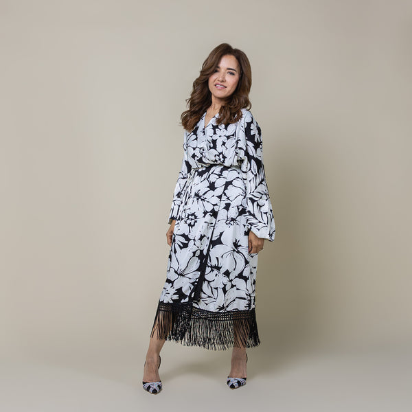 fringe trim long sleeve faux wrap dress Long Sleeve Wrap Midi Dress Fringe Hem S