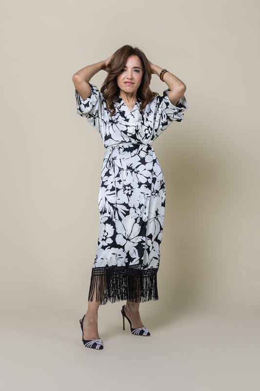 Long Sleeve Wrap Midi Dress Fringe Hem