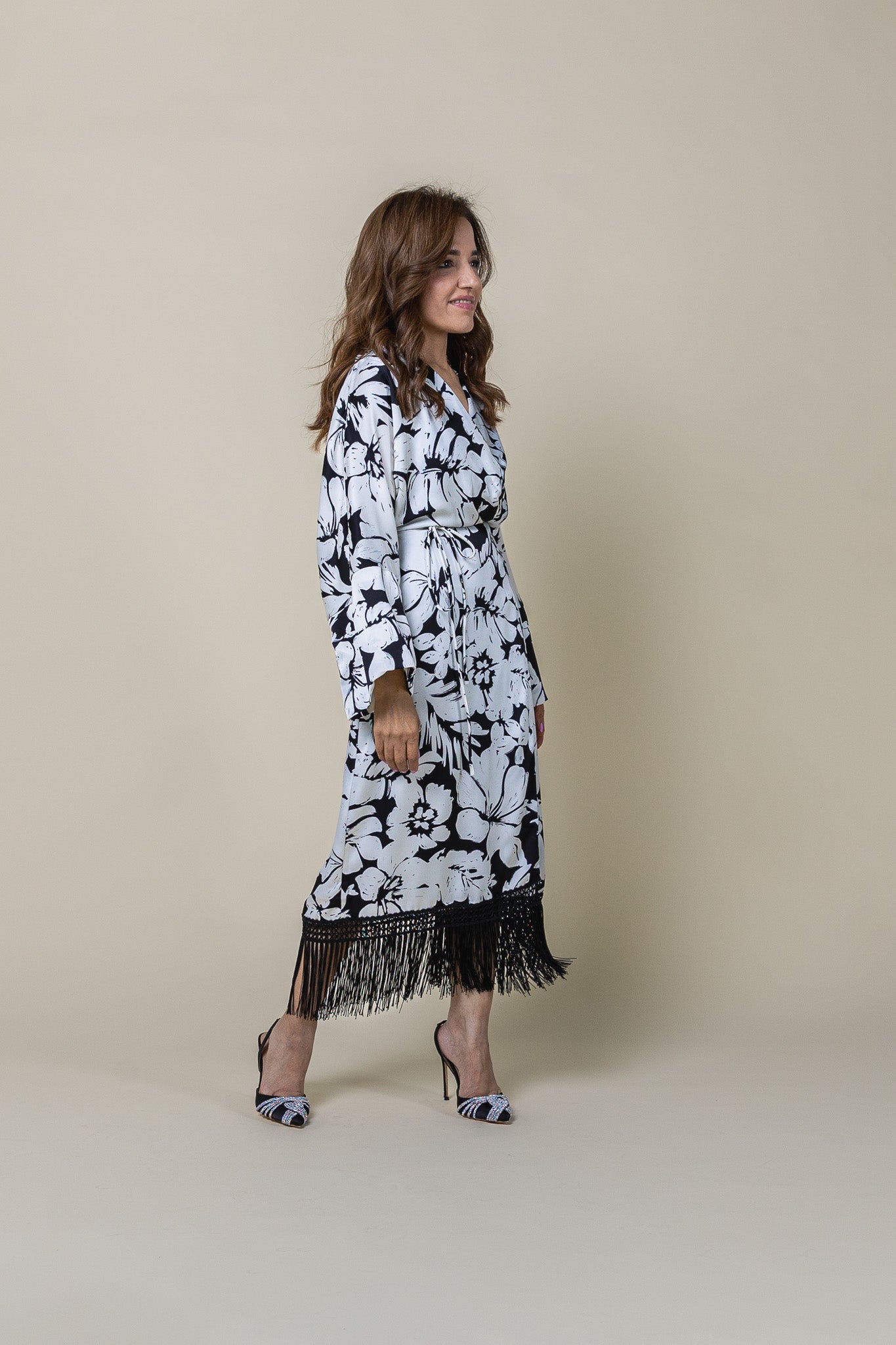 Long Sleeve Wrap Midi Dress Fringe Hem