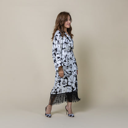 Long Sleeve Wrap Midi Dress Fringe Hem