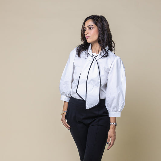 Tie Neck 3/4 Sleeve button Down Shirt White