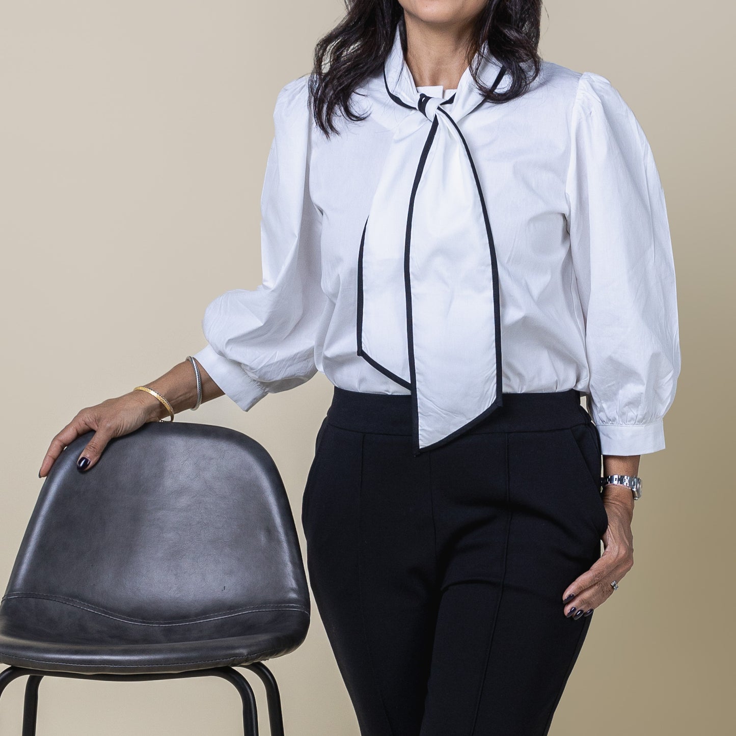 Tie Neck 3/4 Sleeve button Down Shirt White