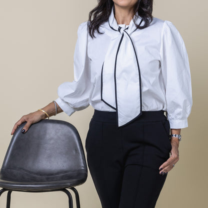 Tie Neck 3/4 Sleeve button Down Shirt White