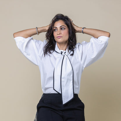 Tie Neck 3/4 Sleeve button Down Shirt White
