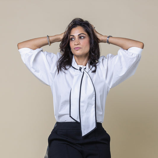 Tie Neck 3/4 Sleeve button Down Shirt White