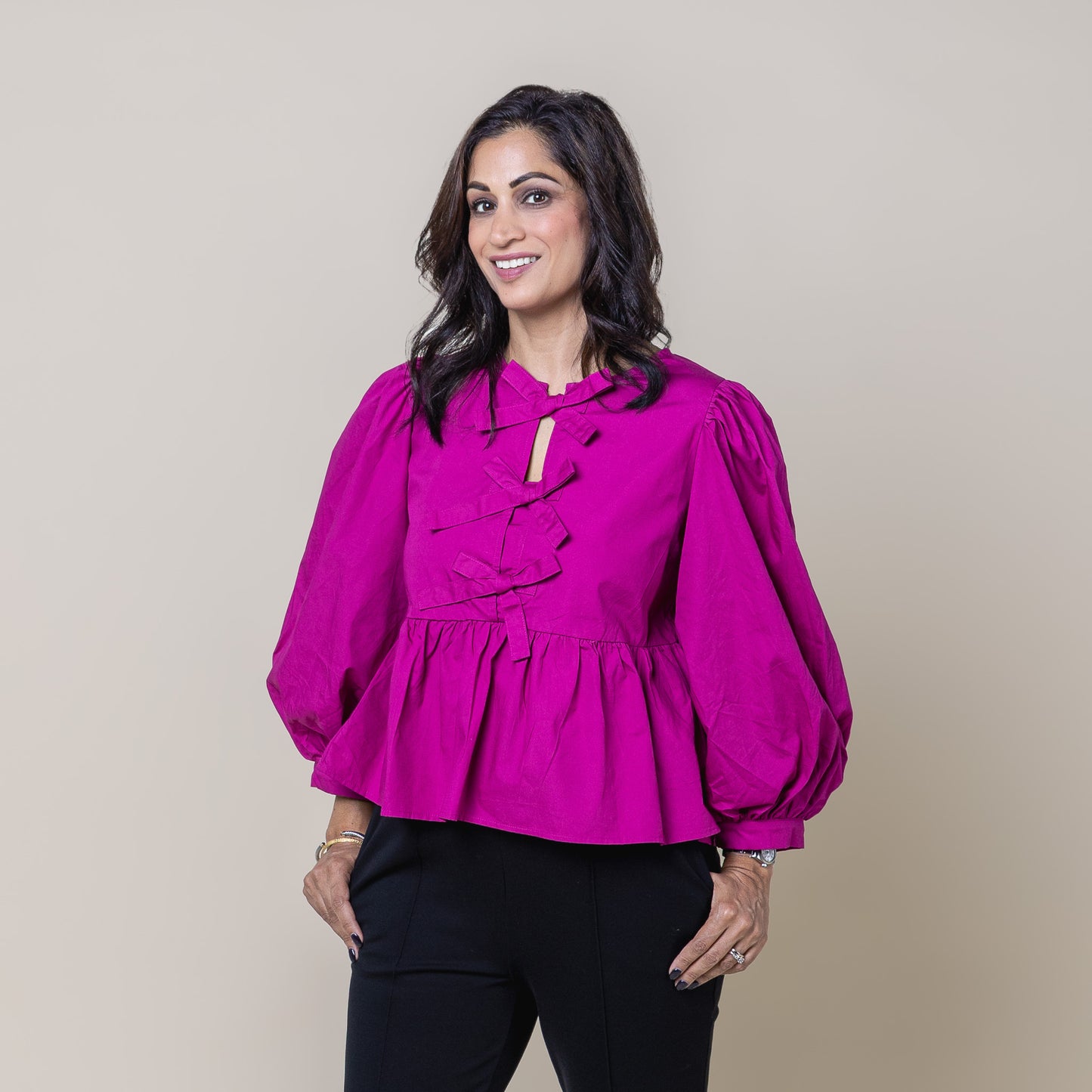 Bow Front Peplum Top Magenta