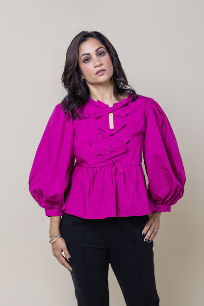 Bow Front Peplum Top Magenta