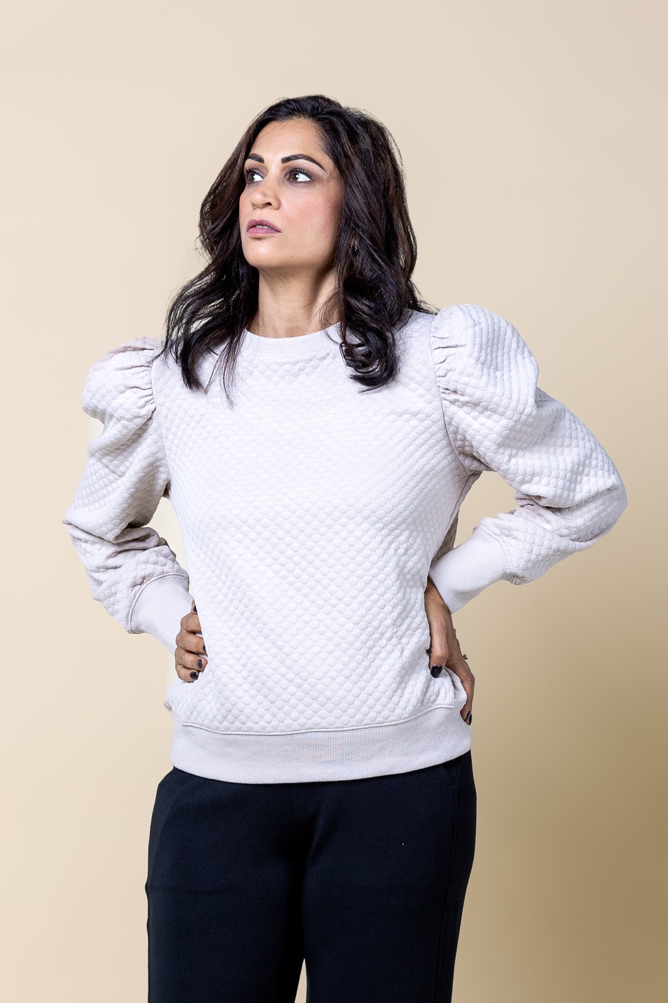 Puff Sleeve Textured Sweatshirt Beige